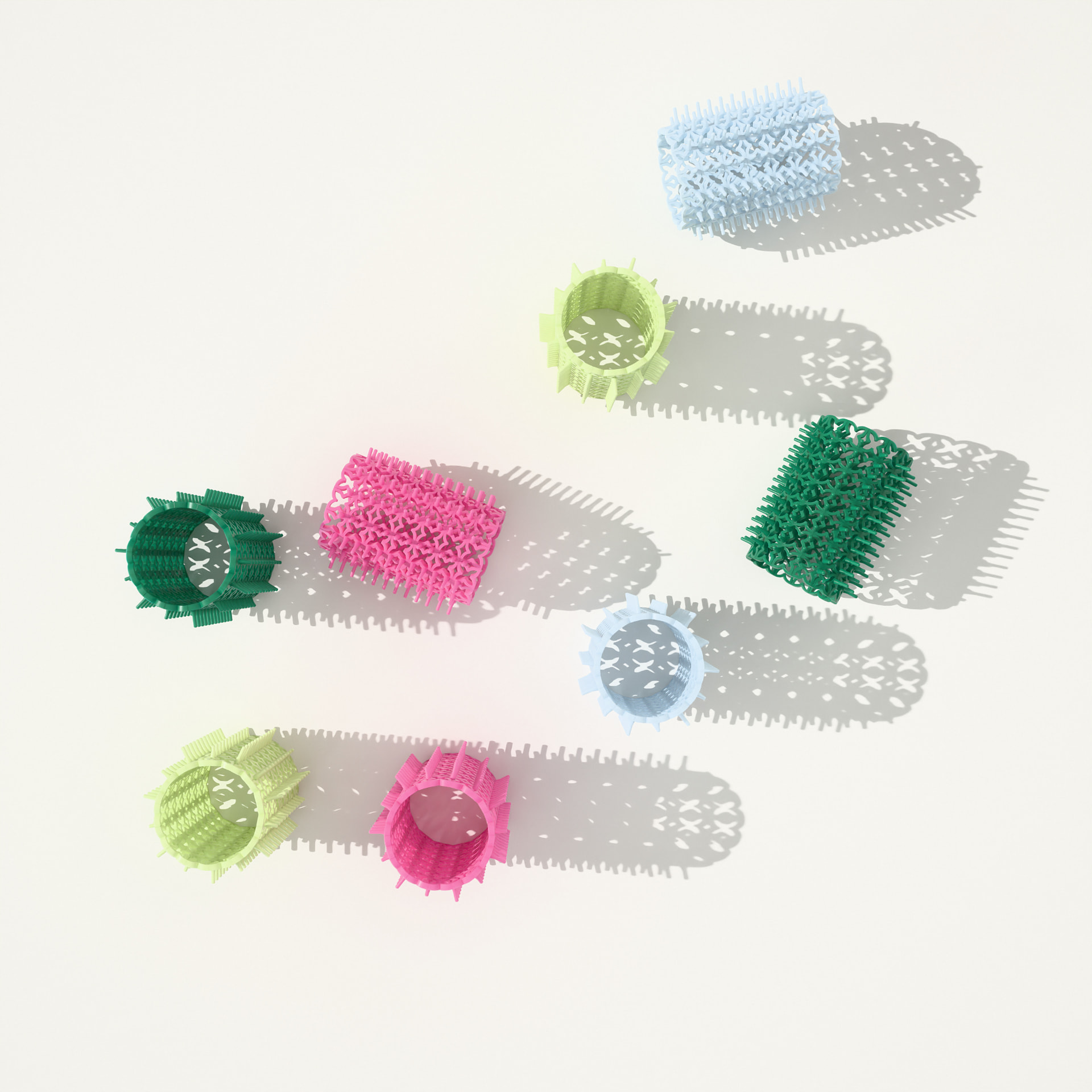 The Crazy Curlers collection seen from above with soft shadows